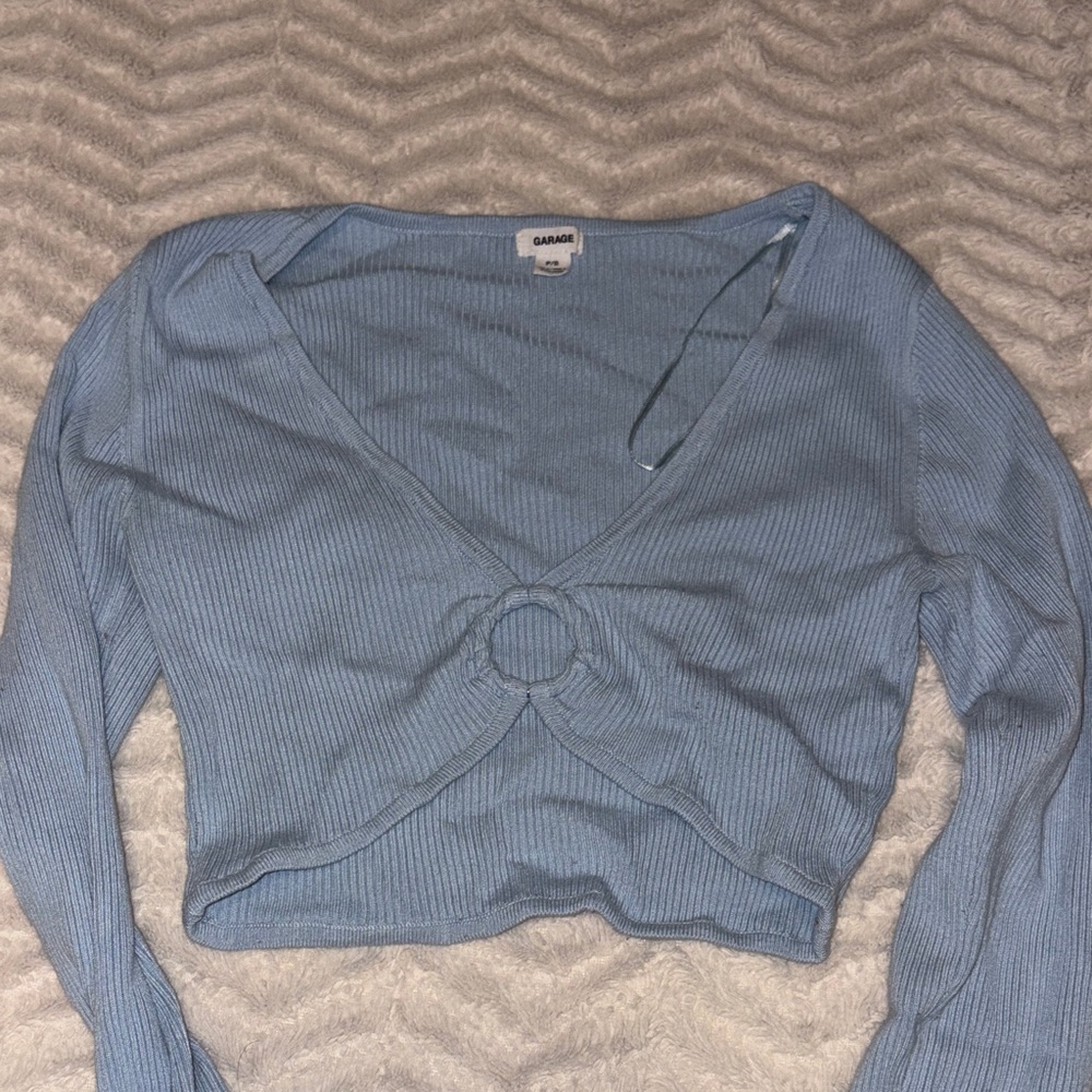 Garage Blue Ribbed V-Neck Crop Top